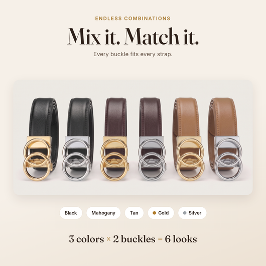 Mix it. Match it. Black, mahogany and tan straps with gold or silver buckles: 3 colors, 2 buckles, 6 looks