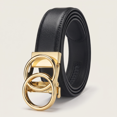 Crest no-hole belt, black strap with gold stacked double-ring buckle