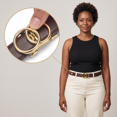 Halo mahogany belt on a model with a zoom inset of the slide clasp being lifted