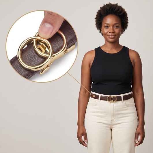 Halo mahogany belt on a model with a zoom inset of the slide clasp being lifted